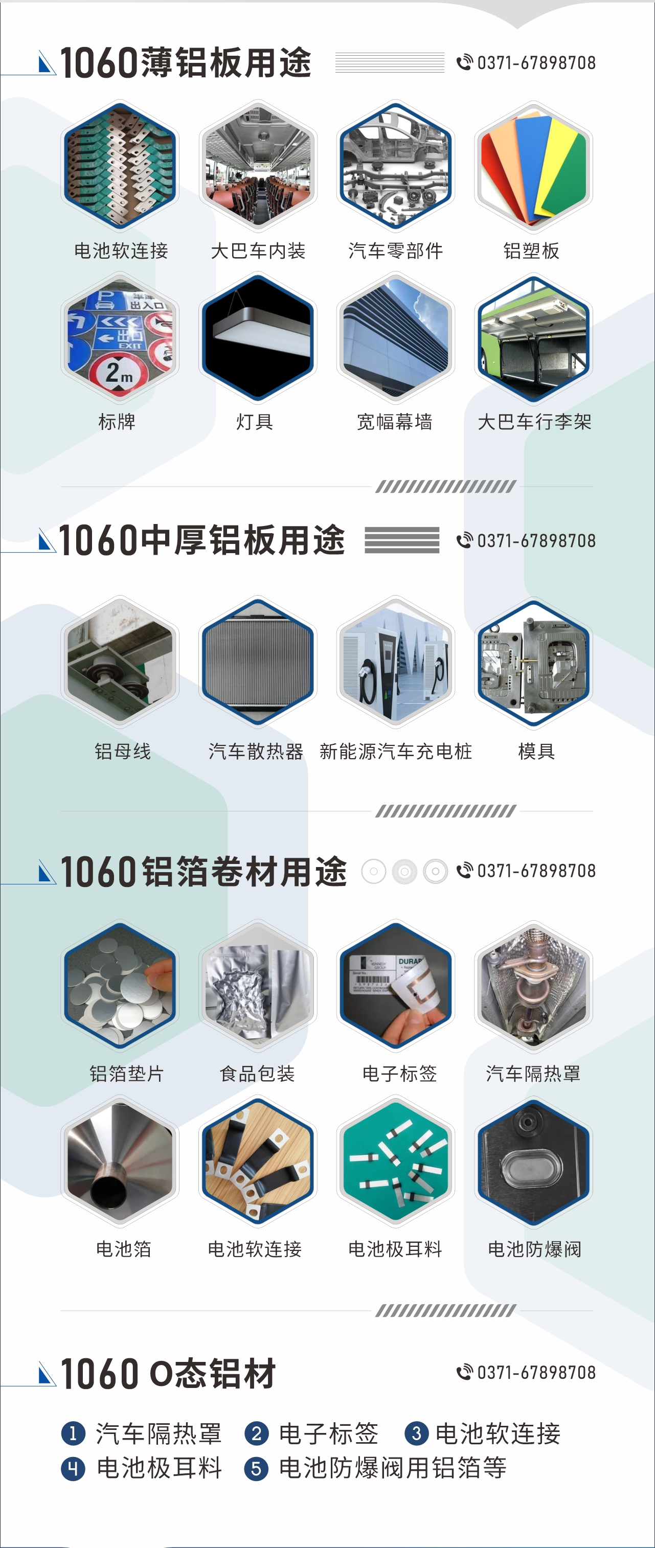 1060鋁板卷用途
　　1060鋁薄板用途： 電池軟連接、大巴車內(nèi)裝、汽車零部件、鋁塑板、標牌、燈具、寬幅幕墻、大巴車行李架/地板/花紋板(宇通公司使用)等;1060中厚鋁板用途：鋁母線、汽車散熱器、新能源汽車充電樁、模具等;1060鋁箔卷材用途：鋁箔墊片、食品包裝、電子標簽、汽車隔熱罩用鋁箔、電池箔、電池軟連接、電池極耳料、電池防爆閥等;1060-O態(tài)鋁材用途：汽車隔熱罩、電子標簽、電池軟連接、電池極耳料、電池防爆閥用鋁箔等;1060鋁板多少錢1噸.1060鋁板價格=發(fā)貨當天長江鋁錠價+加工費