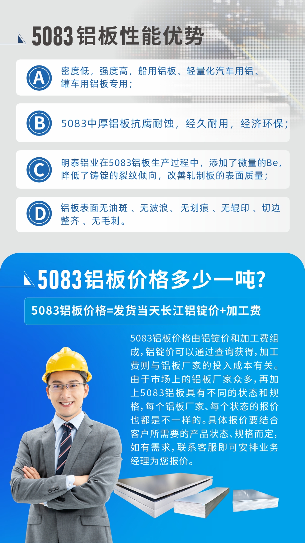 5083鋁板性能優勢:1、密度低，強度高，船用鋁板、輕量化汽車用鋁、罐車用鋁板專用；2、5083中厚鋁板抗腐耐蝕，經久耐用，經濟環保；3、明泰鋁業在5083鋁板生產過程中，添加了微量的Be，降低了鑄錠的裂紋傾向，改善軋制板的表面質量；4、鋁板表面無油斑 、無波浪、 無劃痕 、無輥印 、切邊整齊 、無毛刺。
5083鋁板價格信息:5083鋁板價格由鋁錠價和加工費組成，鋁錠價可以通過查詢獲得，加工費則與鋁板廠家的投入成本有關。由于市場上的鋁板廠家眾多，再加上5083鋁板具有不同的狀態和規格，每個鋁板廠家、每個狀態的報價也都是不一樣的。具體報價要結合客戶所需要的產品狀態、規格而定，如有需求，聯系客服即可安排業務經理為您報價。
5083鋁板價格=發貨當天長江鋁錠價+加工費。
5083鋁板廠家:河南明泰鋁業生產5083鋁合金薄板、5083熱鋁板、5083中厚鋁板、5083船用鋁板、5083花紋鋁板等等，按需定制生產，規格齊全，歡迎來廠考察參觀，更多相關產品詳細信息和優惠報價，可點擊右側在線咨詢，也可撥打咨詢電話：0371-67898708快速獲取!
