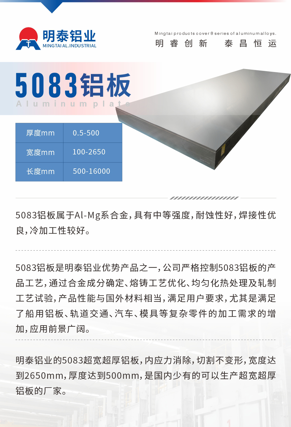 5083鋁板屬于Al-Mg系合金，具有中等強度，耐蝕性好，焊接性優良，冷加工性較好。
　　5083鋁板是明泰鋁業優勢產品之一，公司嚴格控制5083鋁板的產品工藝，通過合金成分確定、熔鑄工藝優化、均勻化熱處理及軋制工藝試驗，產品性能與國外材料相當，滿足用戶要求，尤其是滿足了船用鋁板、軌道交通、汽車、模具等復雜零件的加工需求的增加，應用前景廣闊。
　　明泰鋁業的5083超寬超厚鋁板，內應力消除，切割不變形，寬度達到2650mm，厚度達到500mm，是國內少有的可以生產超寬超厚鋁板的廠家。