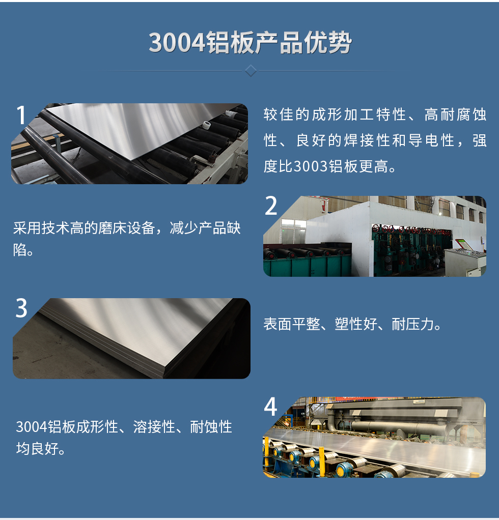 3004鋁板產(chǎn)品優(yōu)勢(shì)
　　1、較佳的成形加工特性、高耐腐蝕性、良好的焊接性和導(dǎo)電性，強(qiáng)度比3003鋁板更高。
　　2、采用技術(shù)高的磨床設(shè)備，減少產(chǎn)品缺陷。
　　3、表面平整、塑性好、耐壓力。
　　明泰3004鋁板優(yōu)勢(shì)
　　1、3004鋁板成形性、溶接性、耐蝕性均良好。
　　2、好的成形加工特性、高耐腐蝕性、良好的焊接性和導(dǎo)電性，強(qiáng)度比3003鋁板更高。
　　3、3004鋁板表面平整、塑性好、耐壓力;
　　4、采用國(guó)際先進(jìn)的磨床設(shè)備，減少產(chǎn)品缺陷。